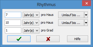 Screenshot: Rhythmen und Auslösungszeiger - Fenster zum Einstellen der Rhythmen