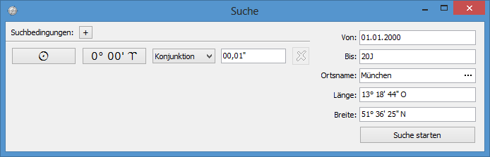 Screenshot: Ephemeriden-Suchfunktion - Suche nach Sonne auf 0° Widder